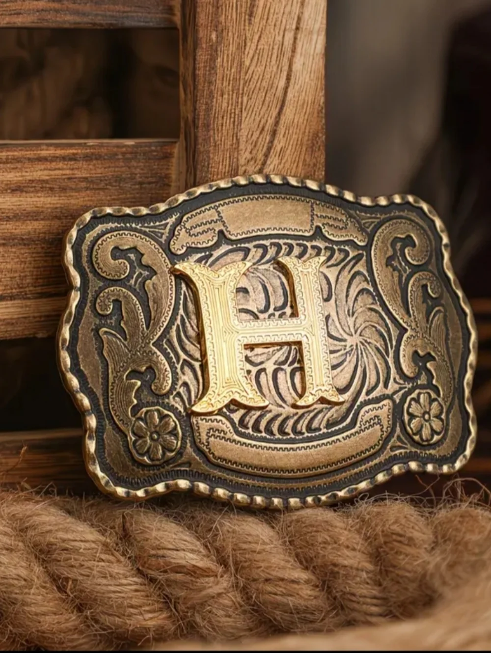 New Western Cowboy Belt Buckle Letter H Monogram Engraved Gold Tone Rodeo Rustic